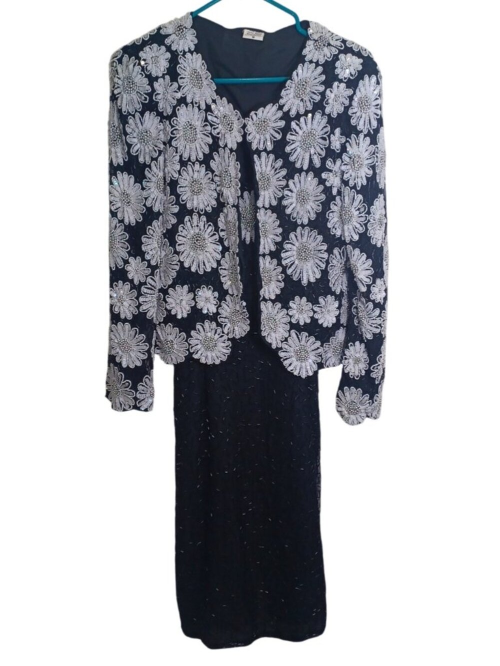 Pure Silk Black White Floral Hand Beaded Women M Vintage Evening Dress & Jacket - Picture 8 of 16